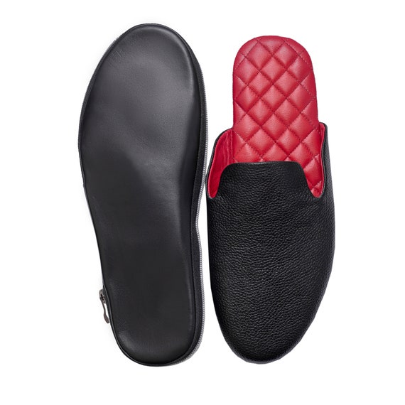 Men's Leather Slippers with Case: Black Travel House Shoes