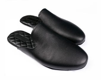 Leather Travel Slippers with Case: Black Leather-Lined Indoor Shoes