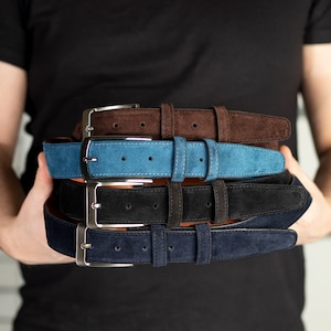 A set of four suede belts, four leather belts gift, brown leather belt, black leather belt, blue leather belt, navy blue leather belt