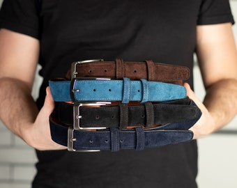 Suede Leather Belt Set: Handmade Velour Belts with Silver Buckle