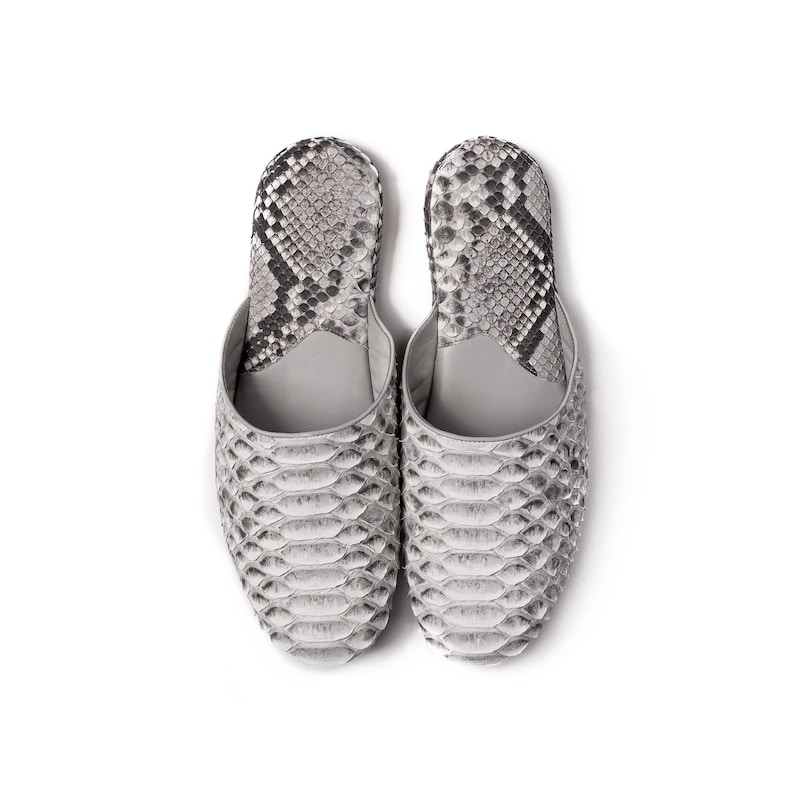 May include: A pair of gray and black snakeskin slippers. The slippers have a pointed toe and a flat sole.