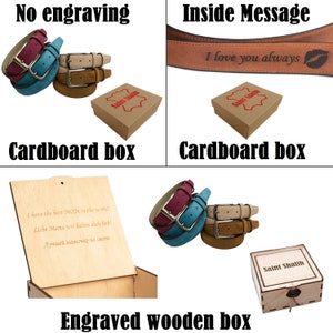 May include: Three leather belts in brown, beige, and blue are stacked on top of each other. The belts are displayed on a white background. The belts are available with or without an engraved wooden box. The box has an inscription that reads "I have the best MOM in the world! Liebe Mama wir haben dich lieb! Лучшей мамочке на свете".