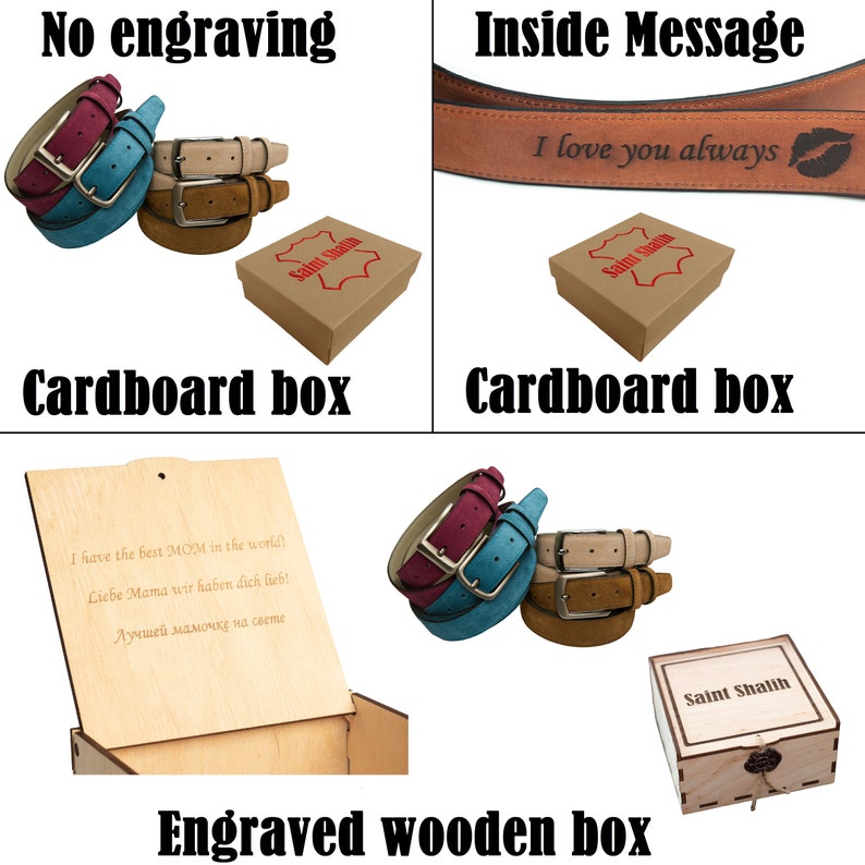 May include: Three leather belts in brown, beige, and blue are stacked on top of each other. The belts are displayed on a white background. The belts are available with or without an engraved wooden box. The box has an inscription that reads "I have the best MOM in the world! Liebe Mama wir haben dich lieb! Лучшей мамочке на свете".
