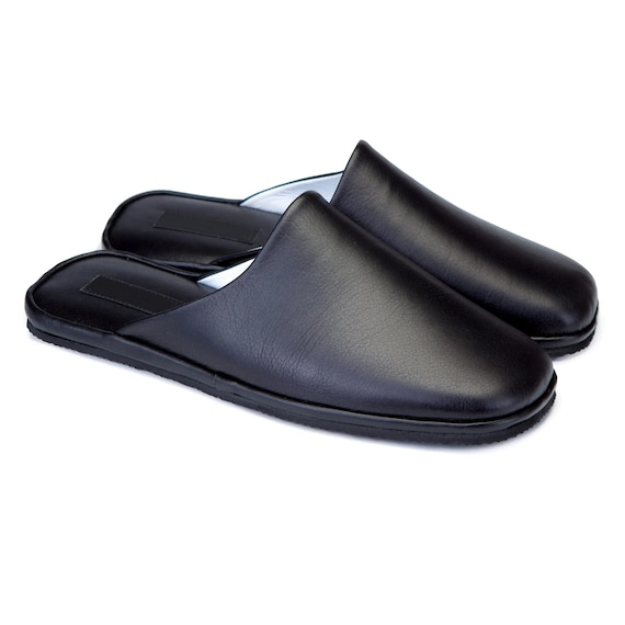 Black Leather Slippers for Men: Soft, Wide, Closed Toe Indoor