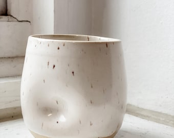 Handmade Speckled Satin White Tumbler: Ergonomic Thumb Indent Cup