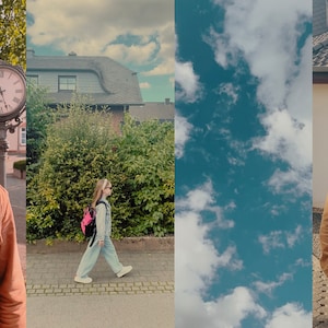 May include: Three men wearing brown corduroy jackets and white hats. The men are standing in different locations, one in front of a clock, one in front of a house, and one in front of a blue sky with white clouds.