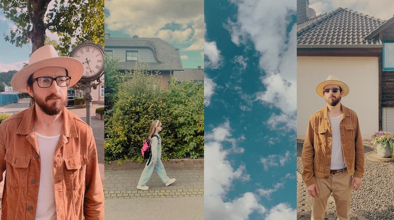 May include: Three men wearing brown corduroy jackets and white hats. The men are standing in different locations, one in front of a clock, one in front of a house, and one in front of a blue sky with white clouds.
