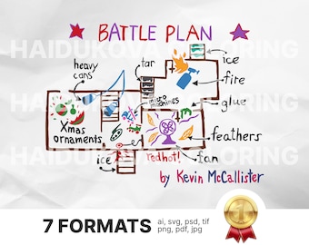 Gevechtsplan voor alleen thuis | png ai tif pdf svg jpg psd | Handgetekende strijdplannen | Kevin en de natte bandieten | Uitnodiging kerstfeest
