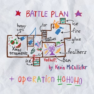 以下が含まれることがあります： 「BATTLE PLAN + OPERATION HOHюHO by Kevin McCallister」というタイトルの、クリスマスのいたずらのための、手書きの戦闘計画。この計画には、家の場所を示す、