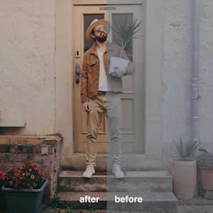 May include: A man in a brown jacket and hat stands in front of a door, holding a potted plant. The image is split in half, showing the image before and after editing.