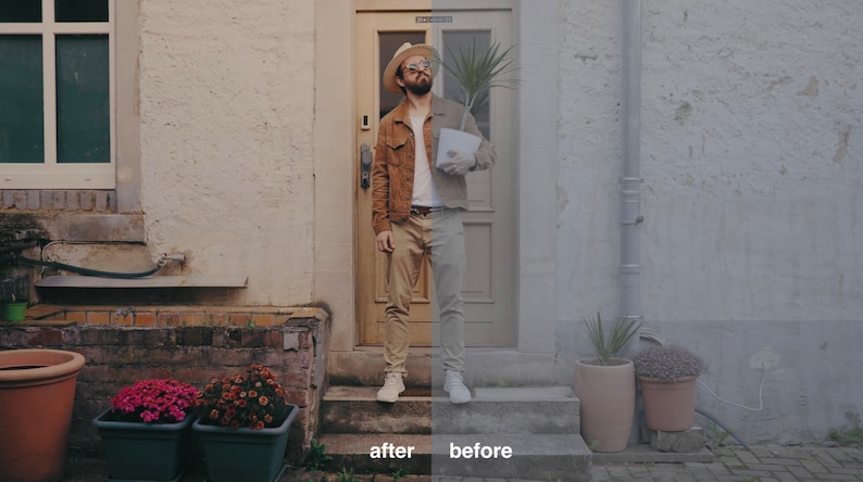 May include: A man in a brown jacket and hat stands in front of a door, holding a potted plant. The image is split in half, showing the image before and after editing.