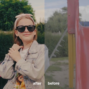 May include: A young person wearing a denim jacket, sunglasses, and a pink headband stands in front of a red playground structure. The word "after" is written below the person and the word "before" is written below the playground structure.