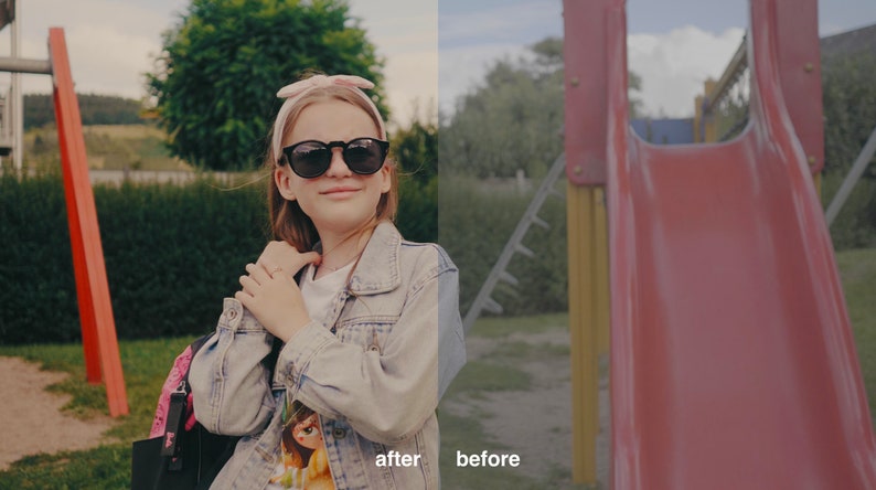 May include: A young person wearing a denim jacket, sunglasses, and a pink headband stands in front of a red playground structure. The word "after" is written below the person and the word "before" is written below the playground structure.