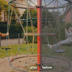 May include: A man in a brown jacket and a straw hat stands on a playground, smiling at the camera. A girl in a white shirt and jeans is swinging on a rope swing. The swing is attached to a large, red and green climbing structure. The words "after" and "before" are written on the ground below the structure.