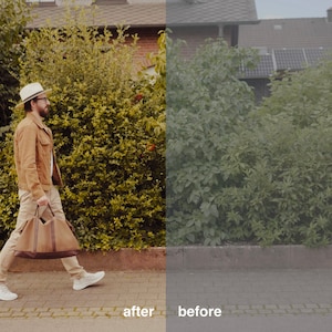 May include: A man in a brown jacket and white hat walks down a sidewalk carrying a brown leather travel bag.