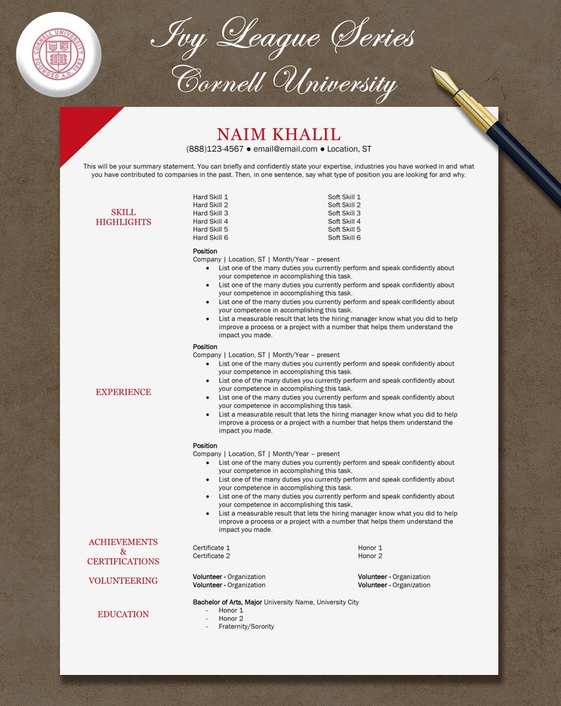 Cornell Ivy League Series Resume Template With Photo by Etsy Cornell Ivy League Series Resume Template With Photo by Etsy