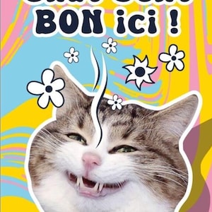 May include: A cartoon cat with a big smile and a white background. The cat is surrounded by flowers and the text "Chat sent BON ici!" is above the cat.