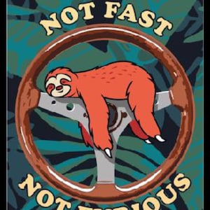 Könnte beinhalten: Ein braunes Lenkrad mit einem schlafenden roten Faultier darauf. Das Lenkrad ist von grünen Blättern umgeben und der Text "Not Fast Not Furious" ist zu sehen.