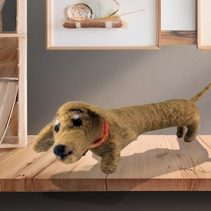 Dachshund Dog Doxie Hot Dog Weiner Sausage Low Rider Brown Wool Felted Handmade Needle Felted  with Red Collar Cute Miniature Pet Lover Gift