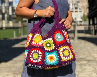 Vintage Style Hippie Bag, Top Handle Tote Bag for Women, Granny Square Vintage Crochet Bag, Handmade Crochet Bag, Retro Bag, Purple Tote Bag