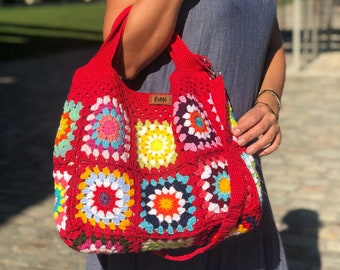 Red Granny Square Bag, Red Shoulder Bag, Crochet Purse Retro Bag For Women, Boho Shoulder bag, Hippie Tote Bag for Vegan Gifts For Her