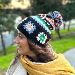 Handmade Crochet Granny Square Beanie: Retro Hippie Pom Pom Hat
