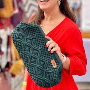 Handmade Macrame Clutch Purse: Boho Evening Bag, Green Cotton Pouch