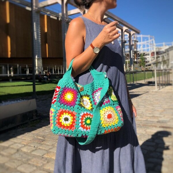 Granny Square Crochet Purse Hippie Bag, Unique Gift Ideas Vintage Style Colorful Purse, Handmade Tote Purse, Crossbody Tote Bag, Retro Bag