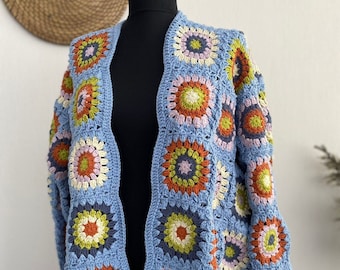 Granny Square Woman Sweater Perfect Handmade Gift for Women, Womens Coat, Sweater Cardigan, Cotton Sweater, Wool Coat