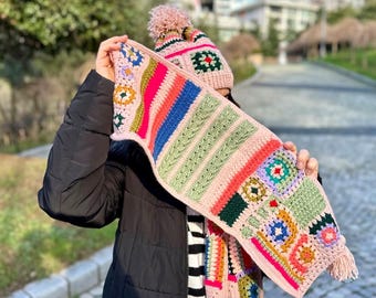 Handmade Crochet Granny Square Scarf: Colorful Boho Winter Wrap