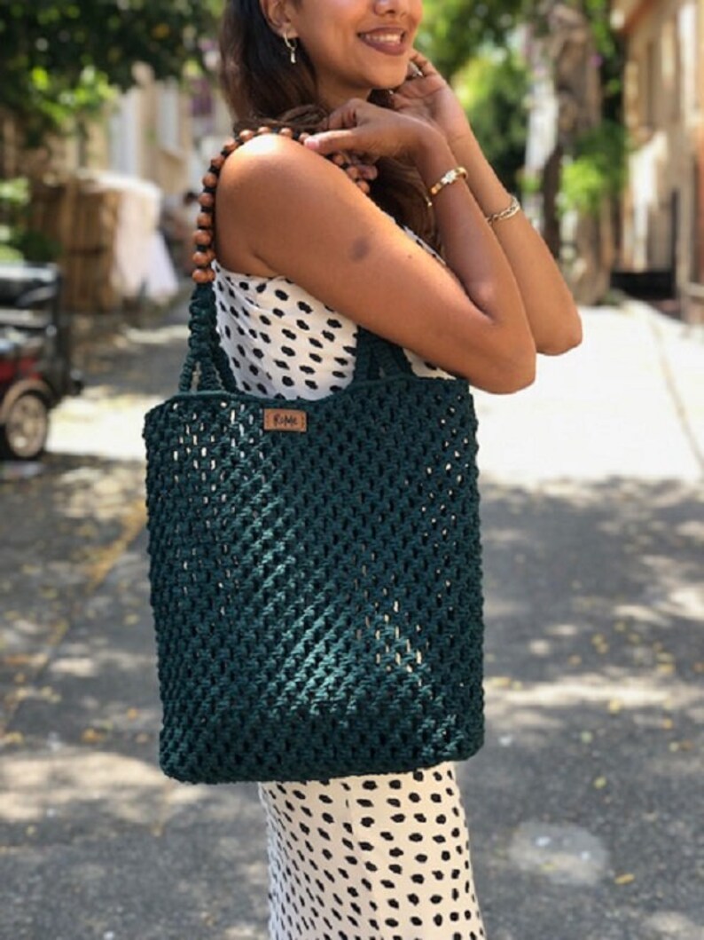 Shopping Bag for Daily Use, Green Beach Bag With Wooden Bead, Summer