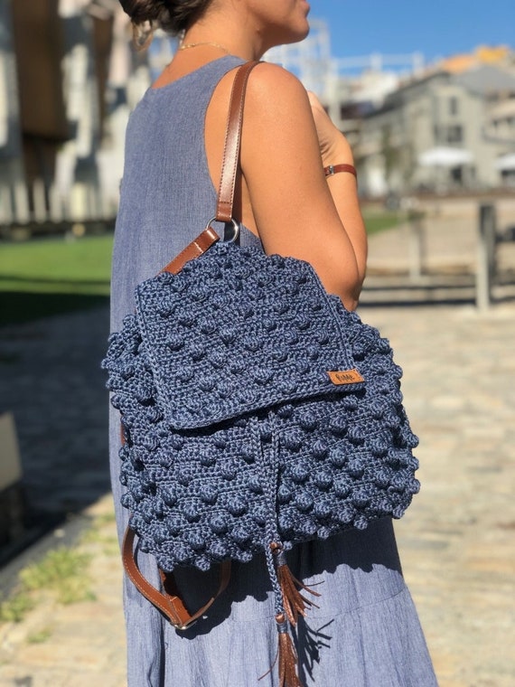 Blue Knitted Backpack Purse: Vegan Leather Straps  display picture 2