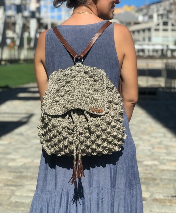 Handmade Knit Backpack: Vegan Leather Straps, Drawstring  display picture 1