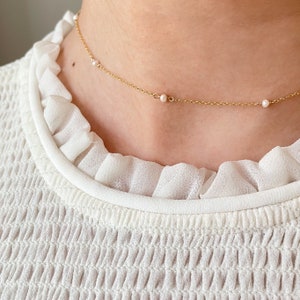 Handmade Pearl Chain Necklace • Dainty White Pearl Choker • June Birthstone Jewelry • Meaningful Bridal Gift • Tiny Gold Layering Necklace