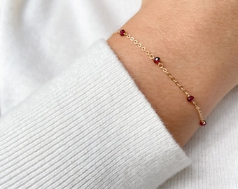 Tiny Garnet Bracelet • Handmade Beaded Garnet Chain • Dainty Raw Gemstone Jewelry • Gold Layering Bracelet • January Birthstone Gift