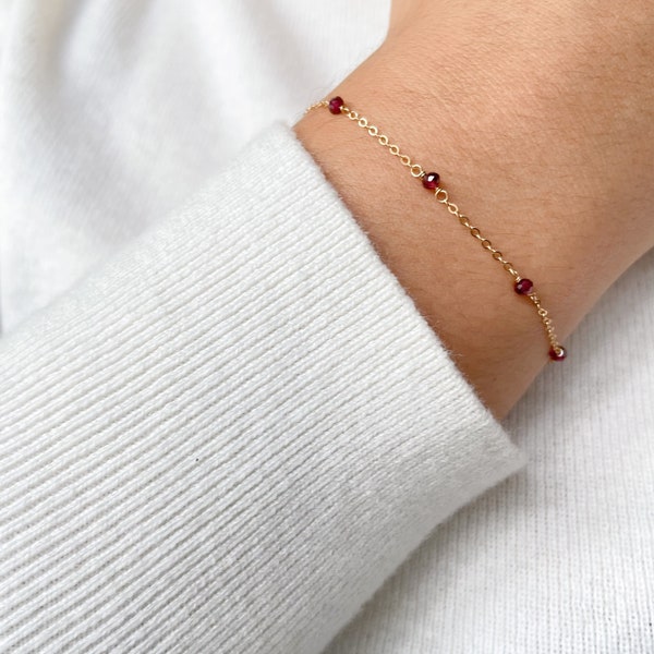 Tiny Garnet Bracelet • Handmade Beaded Garnet Chain • Dainty Raw Gemstone Jewelry • Gold Layering Bracelet • January Birthstone Gift