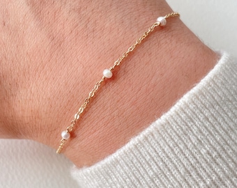 Tiny Pearl Bracelet • Single Strand Gold Chain Bracelet • Dainty Freshwater Pearl Trio • Handmade Jewelry Gift for Her • June Birthstone