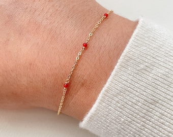 Tiny Carnelian Bracelet with Red Gemstone Trio • Dainty Gold Chain Layering Bracelet • Handmade Carnelian Jewelry • Courage Stone