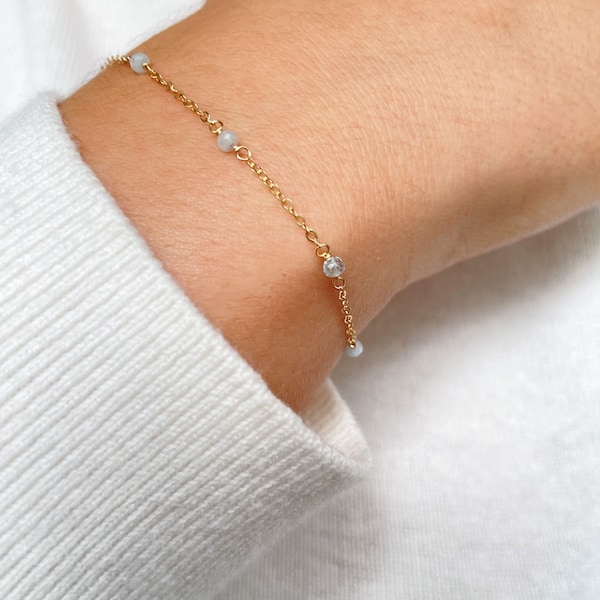 Tiny Aquamarine Bracelet • Dainty Beaded Gemstone Chain • Handmade Gold Layering Bracelet • March Birthstone • Simple Crystal Jewelry Gift