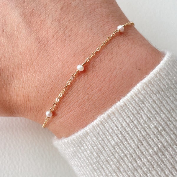 Tiny Pearl Bracelet • Single Strand Gold Chain Bracelet • Dainty Freshwater Pearl Trio • Handmade Jewelry Gift for Her • June Birthstone