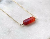 Carnelian Necklace with Simple Bar Pendant, Delicate Crystal Jewelry for Women, 14k Gold Filled, Sterling Silver