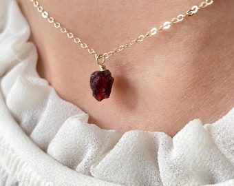 Raw Garnet Necklace • Rough Red Garnet Pendant • January Birthstone Gift • Dainty Raw Crystal Jewelry • Passion Gemstone