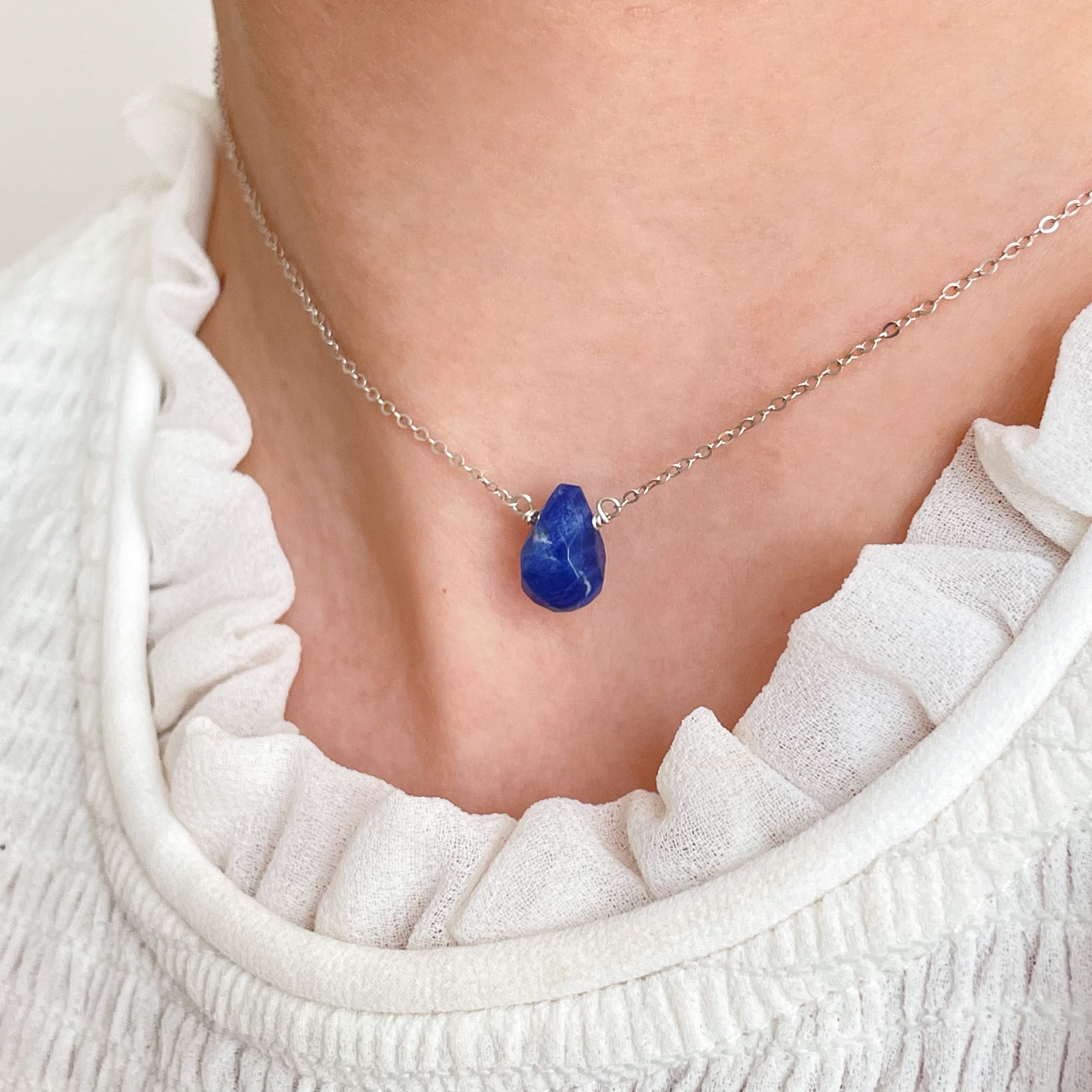 Sodalite Necklace with Dainty Teardrop Pendant • Minimalist Sodalite Jewelry • Gemstone Layering Necklace