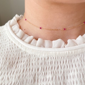 Dainty Ruby Necklace • Handmade Beaded Gemstone Chain • Simple Pink Ruby Choker • July Birthstone Gift • Tiny Crystal Layering Necklace