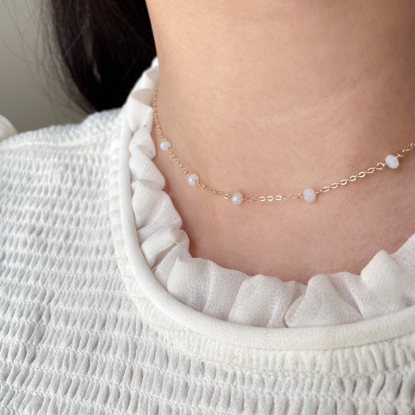 Tiny Opalite Choker • Beaded Opalite Necklace with Gemstone Chain • Dainty Handmade Crystal Jewelry • Intuition Gem