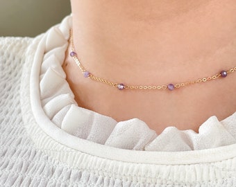 Dainty Purple Amethyst Choker • Beaded Gemstone Layering Chain • February Birthstone Necklace
