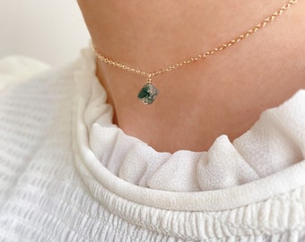 Green Moss Agate Necklace with Tiny Crystal Pendant • Dainty Moss Agate Choker • Gemstone Layering Necklace • Gold Filled • Sterling Silver