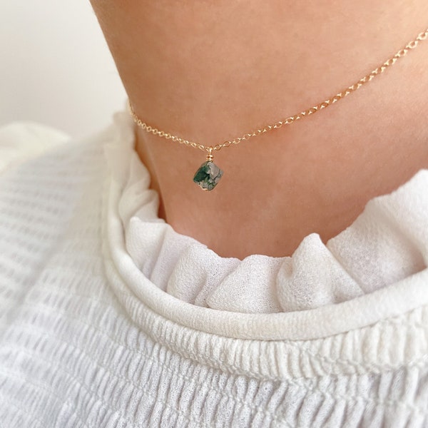 Green Moss Agate Necklace with Tiny Crystal Pendant • Dainty Moss Agate Choker • Gemstone Layering Necklace • Gold Filled • Sterling Silver