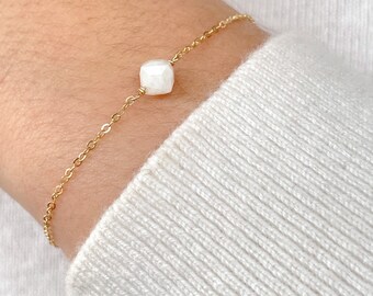 White Moonstone Bracelet • Delicate Gem Layering Bracelet • Dainty June Birthstone Jewelry