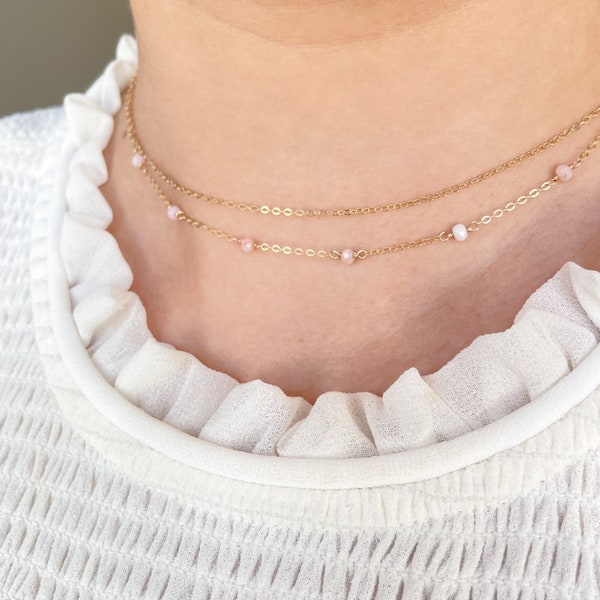 Layered Pink Opal Choker • Handmade Beaded Pink Opal Necklace • Tiny Gem Layering Necklace • Dainty Raw Crystal Jewelry • Self Love Gemstone